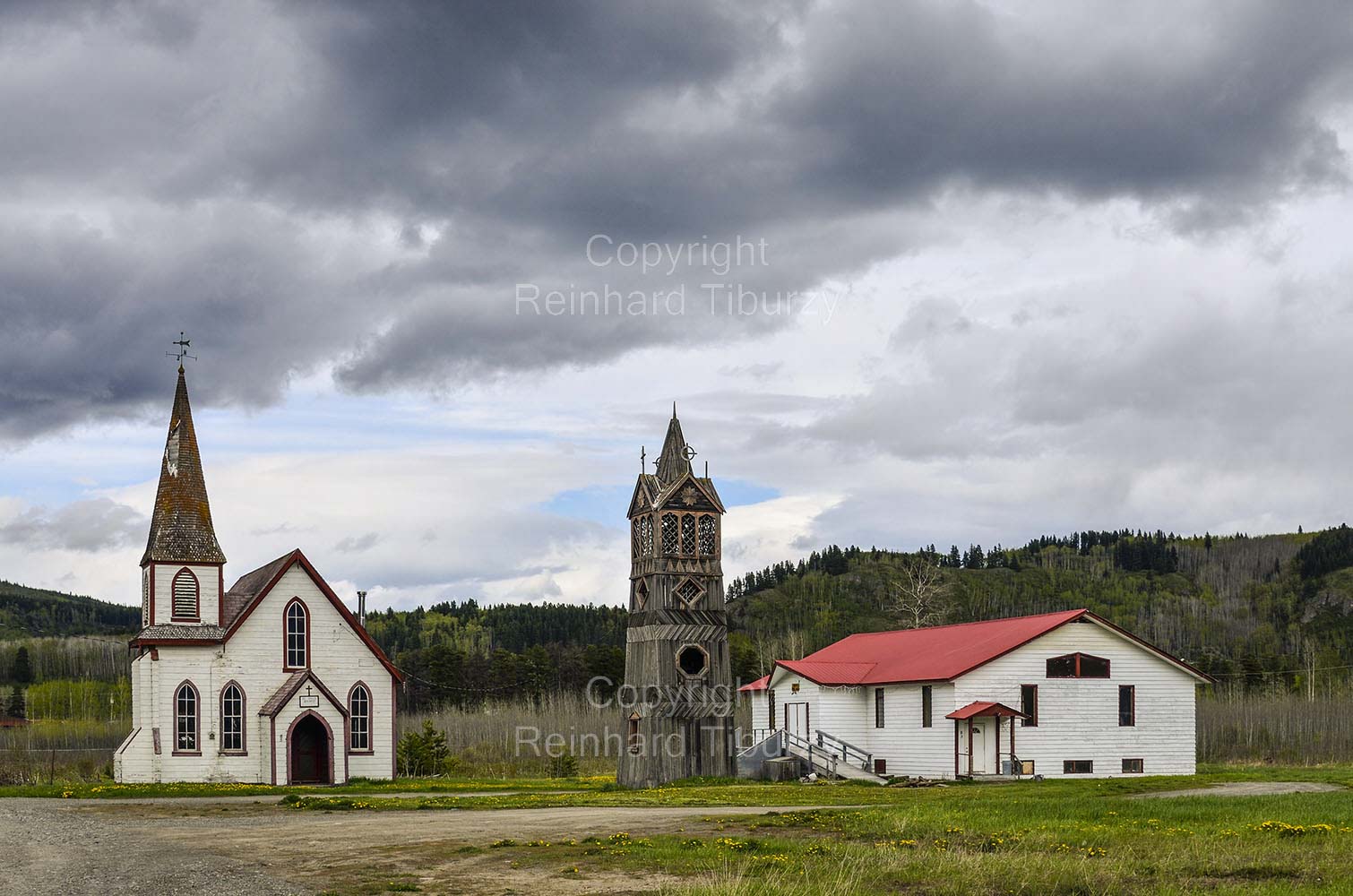 St Pauls Church, Kitwanga at Highway 16, British Columbia, Canada. Old, wooden tower with the original bell of the 1893 bell tower