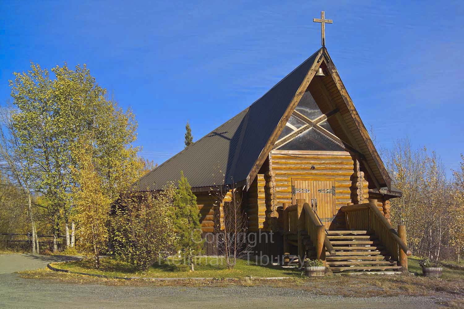 Saint Christopher’s Church, an eight-sided log church built around 1990 on Alaska Highway, Haines Junction, Yukon, Canada 